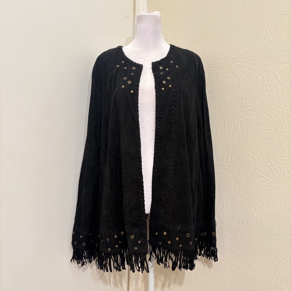 Black Faux Suede Fringe Grommet Open Front 2X Jacket Western Gothic Retro Grunge